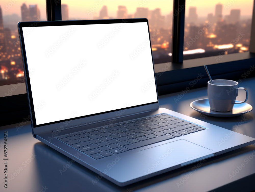 Poster laptop with blank screen on table in office. generative ai