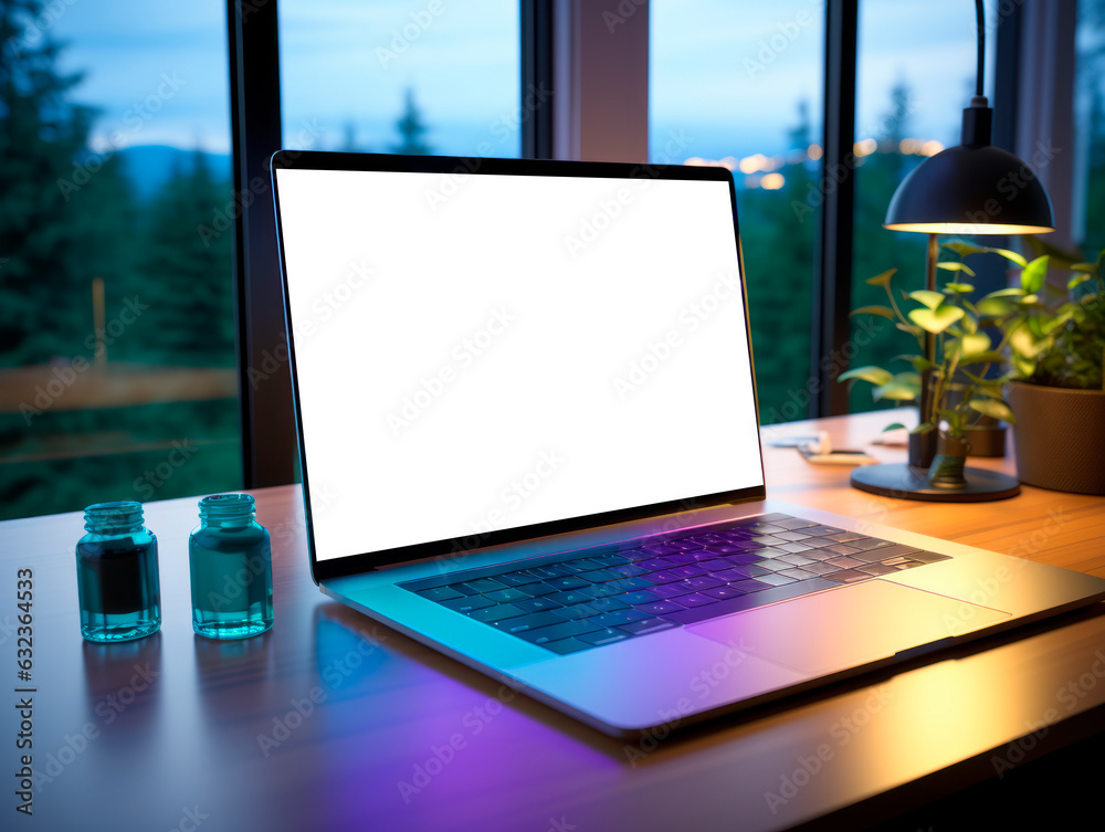 Poster mockup image of laptop with blank white screen on table in office environment. generative ai