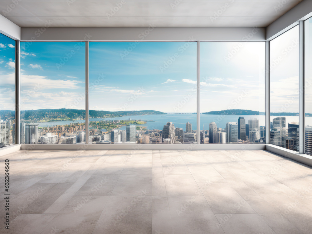 Poster empty room with panoramic windows and city view. generative ai