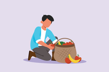 Happy man caring about interior potted plants. Home gardening and growing houseplants concept. Colored flat vector illustration isolated. 