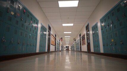 Low angle view down a long empty high school hallway with US American flag with the corridor lined with student lockers. © Robert Peak