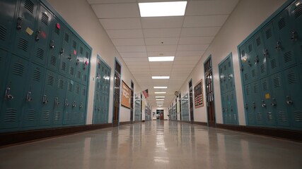 Low angle view down a long empty high school hallway with US American flag with the corridor lined...