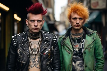 Two British punk rock men from the 1970s. Leather jacket