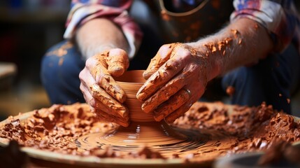A close up of pottery being shaped by an artist's hands on a pottery wheel. Generative AI. 