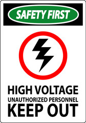 Safety First Sign High Voltage Unauthorized Personnel Keep Out