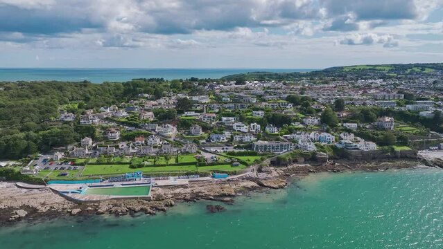 Beach and Coast over Brixham from a drone, Brixham, Torbay, Devon, England, Europe