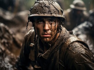 Obraz premium Amid warfare, a soldier stands in a muddied trench, a poignant representation of the harsh realities and sacrifices of battle.
