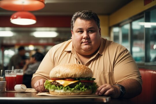 Photo of a plump man in a diner with a hamburger, junk food