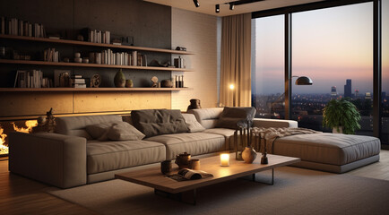 Interior living room with sofa and table with warm light generativa IA