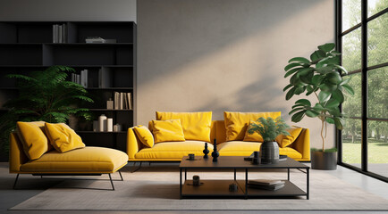 living room with shelves cabinet with yellow sofa and windows generativa IA