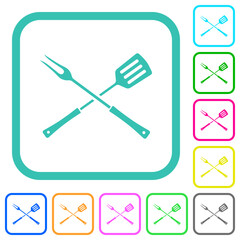 Barbecue fork and spatula in crossed position vivid colored flat icons