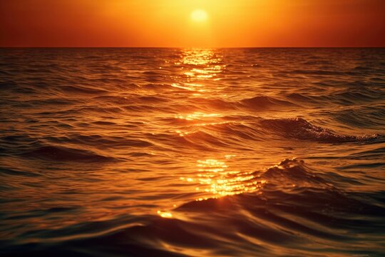 calming background image of the sun setting into the water. Generative AI