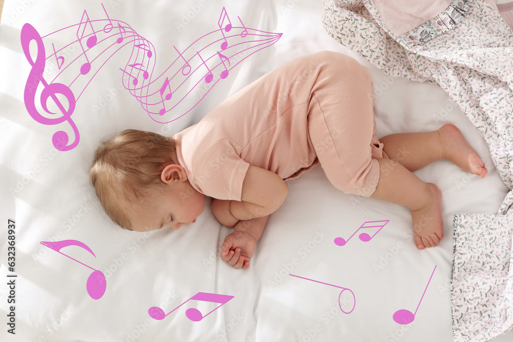 Wall mural lullaby songs. cute little baby sleeping on bed, above view. illustration of flying music notes arou