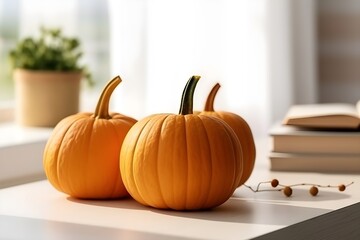  orange pumpkins on the white table, copy space, minimalism,Thanksgiving Day, Halloween concept, generated AI