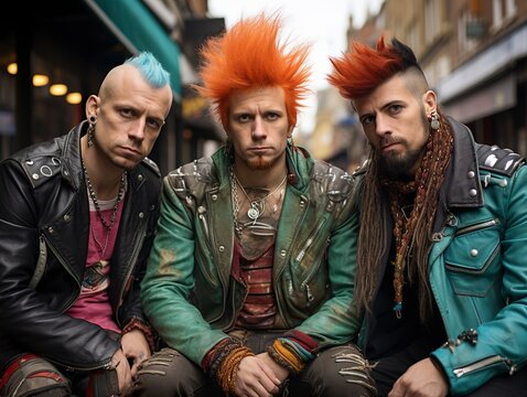 Three punk rockers from Britain flaunt vibrant mohawks and leather jackets, embodying rebellion and individuality with striking style.