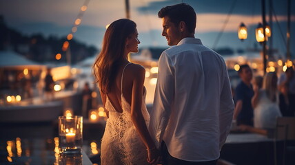 Obrazy na Plexi  romantic couple in white clothers walk in harbor promenade,colorful blurred light of boat and city on sea water on horizon ,people relax on summer evening , 
