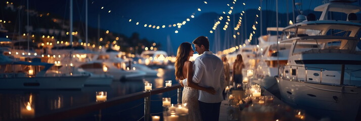 Obraz premium romantic couple in white clothers walk in harbor promenade,colorful blurred light of boat and city on sea water on horizon ,people relax on summer evening , 