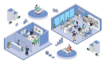 アイソメトリック構図のオフィス　ミーティングやデスクワークをする人々のイラスト
