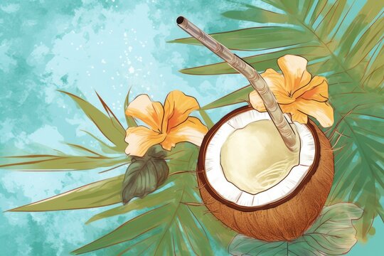 Coconut-based cocktail with a straw and tropical vegetation behind it. image. Generative AI