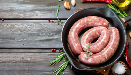raw beef sausages on a cast-iron pan with rosemary and spices on a wooden table, South African boerewors