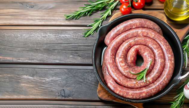 raw beef sausages on a cast-iron pan with rosemary and spices on a wooden table, South African boerewors