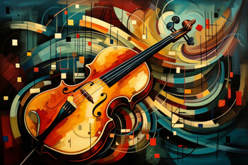 Abstract music background flat illustration. Cello, violin or bass on colorful abstract background. Collage of abstract colored music instruments and geometrical shapes. Ai generative. - obrazy, fototapety, plakaty