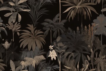 continuous floral design of dark tropical foliage. backdrop of lush nighttime forest. repeated pattern of autumnal foliage. Generative AI