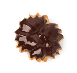 One delicious profiterole with chocolate spread isolated on white, top view