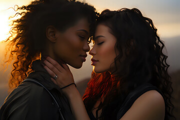 romantic photo of a couple of young lesbians of different races, an African American and an Asian woman are in love with each other, a photo in the sunset rays at a cold hour, they are not shy about t