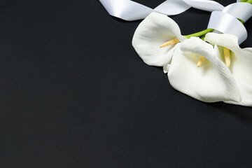 Beautiful calla lilies and white ribbon on black background, closeup with space for text. Funeral...
