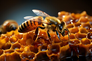 macro photo bee builds honeycombs