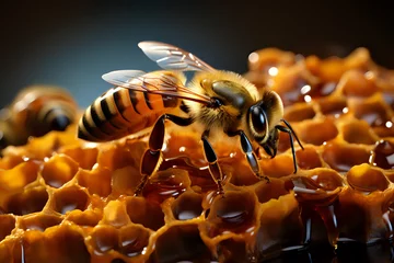 Papier Peint photo Lavable Abeille macro photo bee builds honeycombs