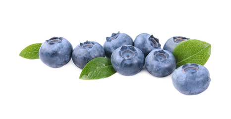Many fresh ripe blueberries and leaves isolated on white