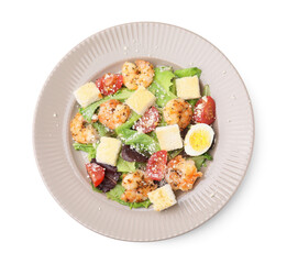 Delicious Caesar salad with shrimps isolated on white, top view