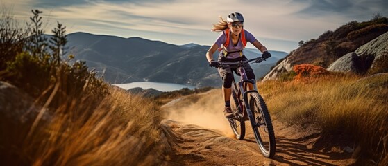 Naklejka na ściany i meble Young woman riding bicycle on mountain trail, cyclist on sports bike