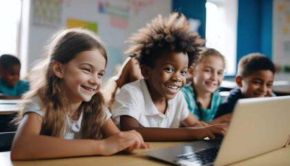 Smiling children with laptop in multiracial classroom