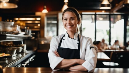 Smiling female chef posing at her restaurant