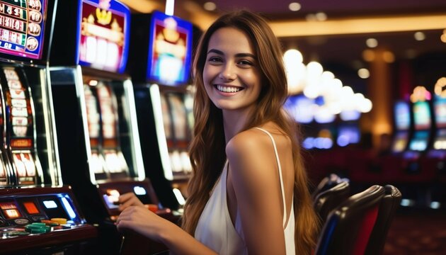 Young Woman Smiling At Casino Slot Machines