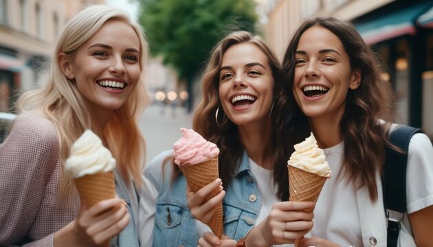 Women eating ice cream on city street - friends having fun outdoors