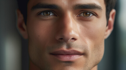 Obraz premium A close-up of a confident man with flawless skin, showcasing the results of a well-crafted skincare regimen. 