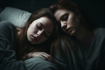 two depressed sisters on the bed psychology mental health AI generated