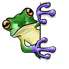 Rana enseñando algo en el borde de un papel blanco