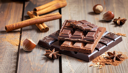 pieces of chocolate with nuts and cinnamon on a wooden table, with oriental tea, spices, selective focus