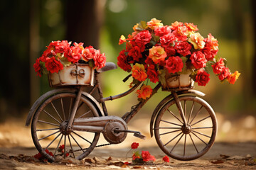 Fototapeta na wymiar Bicycle with two baskets of flowers on it. The bicycle is brown and rusted