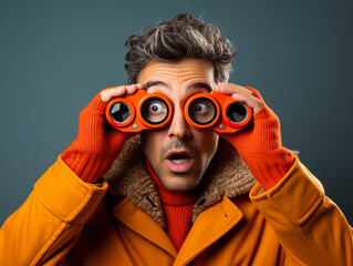 Funny guy in an orange coat peers through binoculars with a surprised expression, evoking humor and intrigue in a single glance. Generative AI