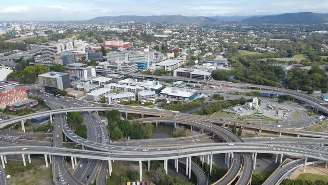 Aerial drone view of the Bowens Hill Interchange in Bowen Hills, Brisbane, Queensland Australia