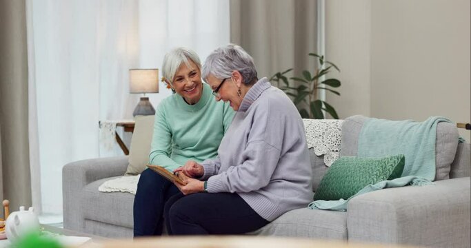 Senior, women and photo frame on sofa in nursing home for conversation. Happiness, retirement and memory with elderly female on sofa with friends or picture with smile or talk together for support.
