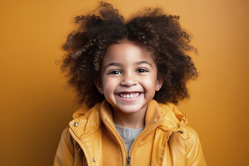 happy and smiling African-American child girl stands isolated on a vibrant yellow background,...