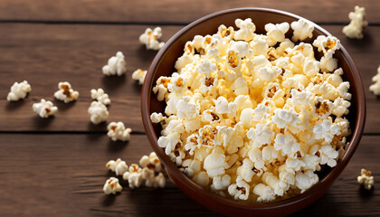 bowl of popcorn on a brown wooden table