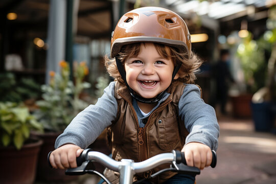 Cute And Adorable Caucasian Toddler, With A Big Smile On Their Face, Confidently Wearing A Helmet As They Ride Their Bike In The Yard, Enjoying The Freedom And Joy Of Exploring Their Surroundings